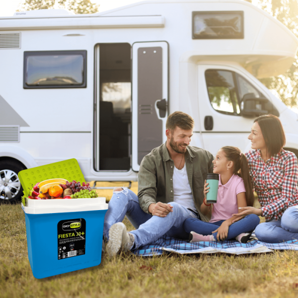 Lodówka turystyczna 29,5L KAMAI FIESTA na wkłady mrożące, błękitna z zieloną pokrywą i uchwytem