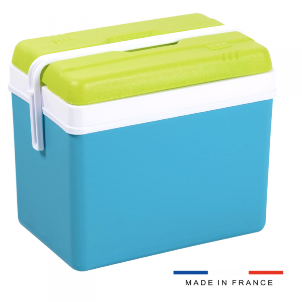 Lodówka turystyczna 35L KAMAI EDA na wkłady mrożące, turkusowa z białą rączką i zieloną pokrywą