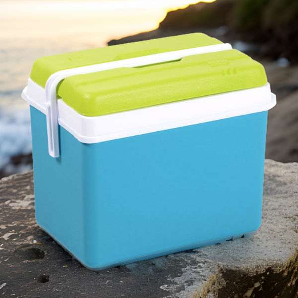 Lodówka turystyczna 35L KAMAI EDA na wkłady mrożące, turkusowa z białą rączką i zieloną pokrywą