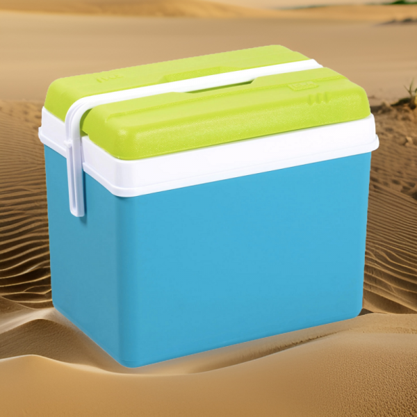 Lodówka turystyczna 35L KAMAI EDA na wkłady mrożące, turkusowa z białą rączką i zieloną pokrywą