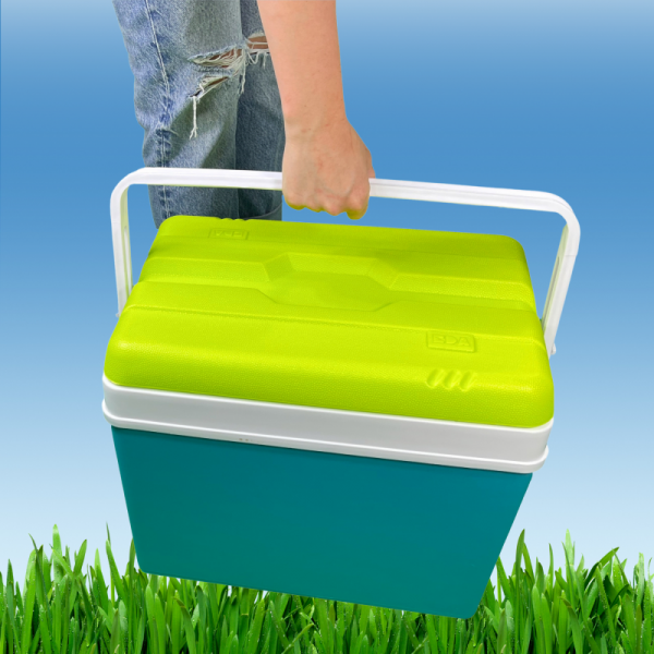 Lodówka turystyczna 35L KAMAI EDA na wkłady mrożące, turkusowa z białą rączką i zieloną pokrywą