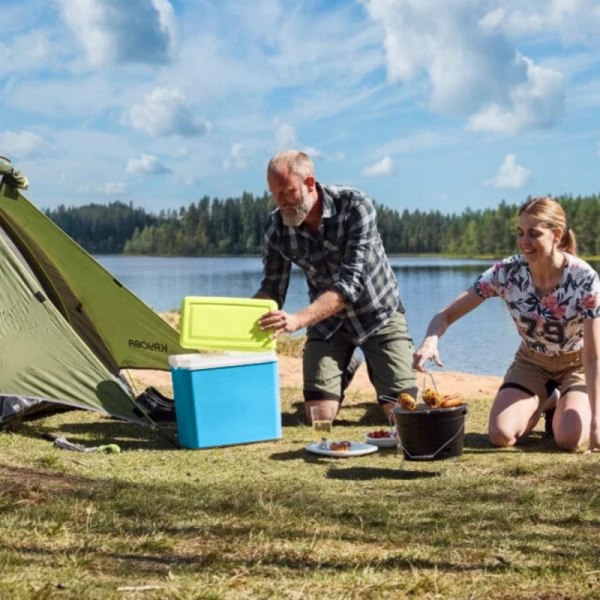 Lodówka turystyczna 35L KAMAI EDA na wkłady mrożące, turkusowa z białą rączką i zieloną pokrywą