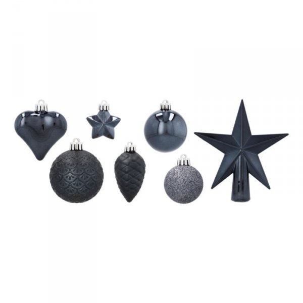 Komplet 19 Bombek Choinkowych Kamai Christmas Decoration® - Kolor Antracyt z Gwiazdą na Czubek