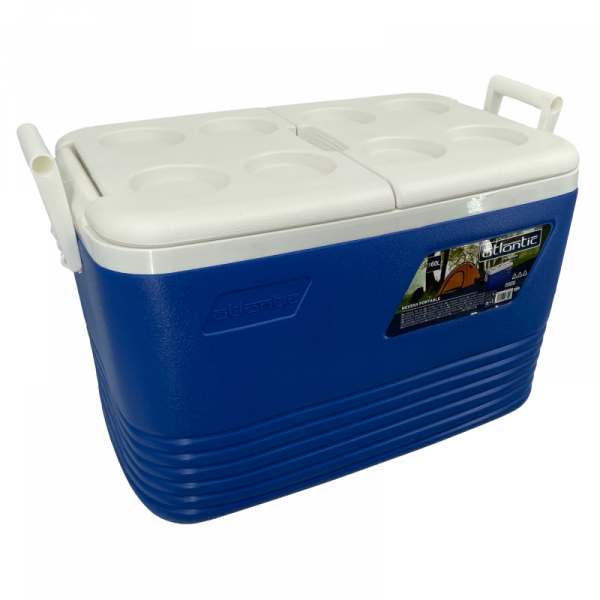 Lodówka turystyczna 60L Kamai Coolbox na wkłady mrożące, niebieska z miejscem na butelki na pokrywie