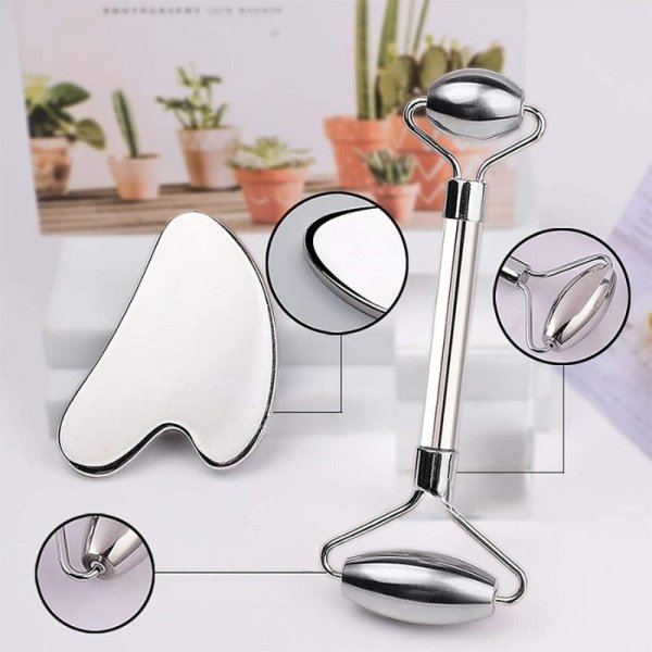 Metalowy zestaw do masażu Face roller i Gua Sha inSPORTline Comesta Set