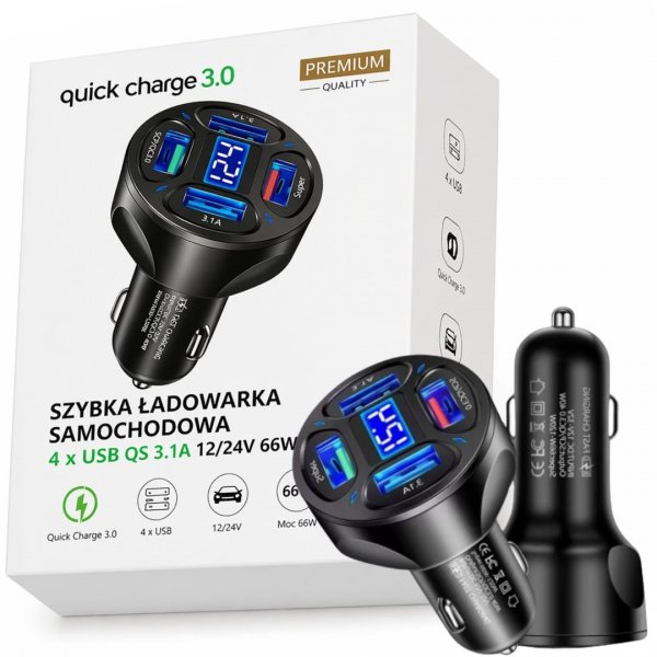 SZYBKA ŁADOWARKA SAMOCHODOWA QS 3.1A 12/24V 66W WYŚWIETLACZ NAPIĘCIA USB 4x ( tds0918)