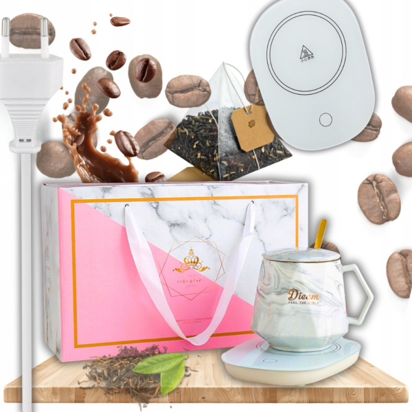 KUBEK PODGRZEWACZ KABEL POKRYWKA ŁYŻECZKA DO KAWY HERBATY ZESTAW PREZENTOWY ( tds0765)