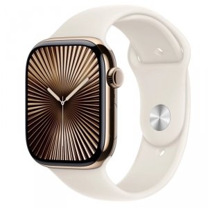 Apple Watch Series 10 GPS + Cellular, koperta 46 mm z tytanu w kolorze złotym z paskiem sportowym w kolorze księżycowej poświaty
