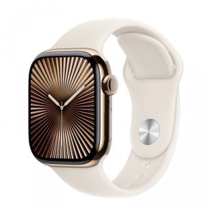 Apple Watch Series 10 GPS + Cellular, koperta 42 mm z tytanu w kolorze złotym z paskiem sportowym w kolorze księżycowej poświaty