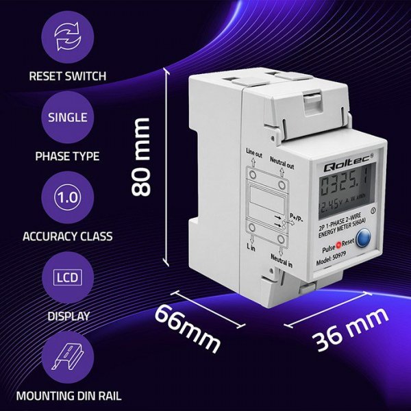 Qoltec Jednofazowy elektroniczny licznik zużycia energii na szynę DIN | RESET | licznik okresowy i stały | 230V | 60A | LCD | LE