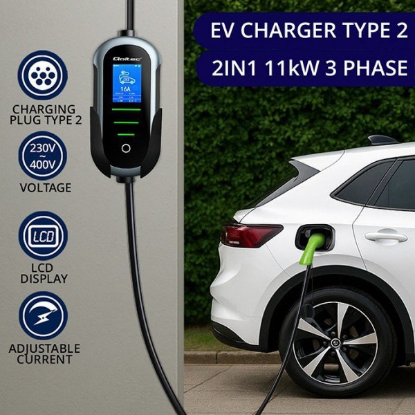 Qoltec Ładowarka do samochodu elektrycznego EV i hybryd | 11kW | 400V | CEE 16A | Wi-Fi | LCD | 5m