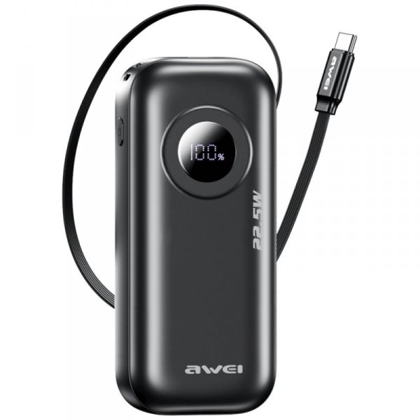 AWEI Powerbank PA-9 22,5W 10000mAh z kablem USB-C wbudowanym czarny