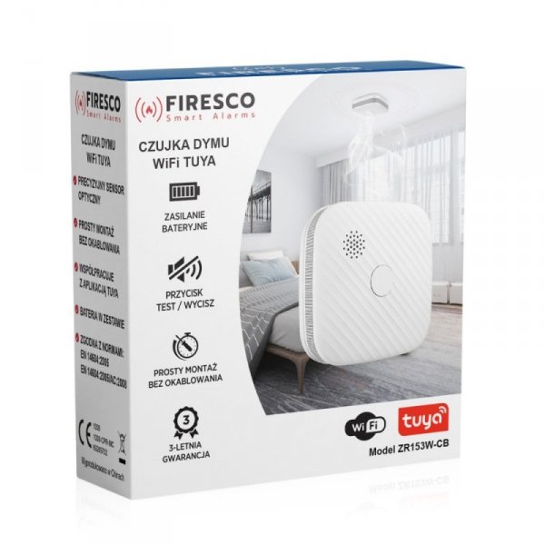 Firesco Czujka dymu Tuya/Wifi ZR153SW-CB, czujka dymu z funkcja komunikacji, domowa, autonomiczna, Wi-Fi