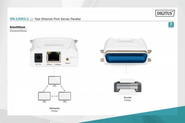 Digitus Serwer wydruku Fast Ethernet 1-port 1xLPT, 1xRJ-45