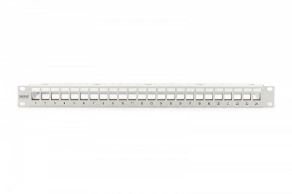 Digitus Panel krosowy (patch panel) modularny 19&quot; 24 porty pod moduły keystone, 1U, ekranowany, prowadnica kabli, pola opis