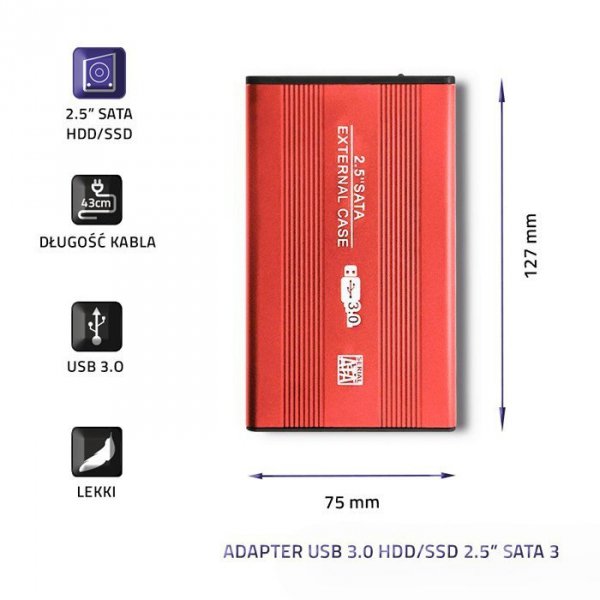 Qoltec Obudowa na dysk HDD/SSD 2.5 cala SATA3 | USB 3.0 | Czerwona