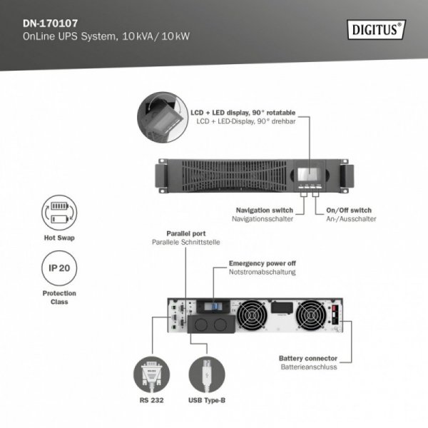 Digitus Zasilacz awaryjny UPS Online Rack 19"/Tower, 10kVA/10kW, 2U, bez baterii (moduł baterii DN-170108)