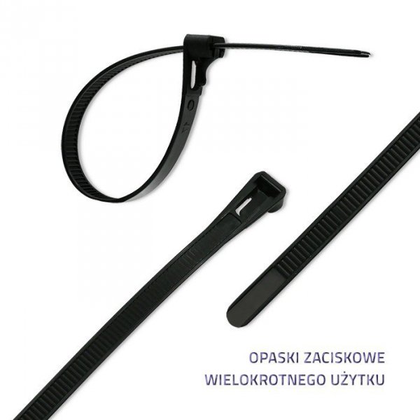 Qoltec Opaski zaciskowe wielorazowe/trytytki | 7.2*450mm | Nylon UV |   Czarne