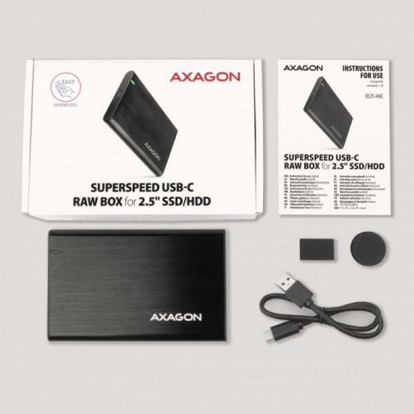 AXAGON EE25-A6C Bezśrubowa aluminiowa obudowa zewnętrzna USB-C 3.2 Gen 1 - SATA 6G dla 2.5&quot; SSD/HDD