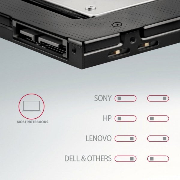 AXAGON RSS-CD09 Ramka na 2,5&quot; SSD-HDD do gniazda DVD, 9.5mm LED aluminium