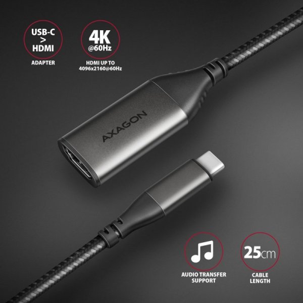 AXAGON RVC-HI2M Adapter aktywny USB-C -&gt; HDMI 2.0 4K/60Hz Aluminum, 25cm kabel