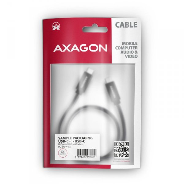 AXAGON BUCM2-CM10AB Kabel USB-C - USB-C, 1.0m 5A charging, ALU, 240W PD, oplot, USB2.0, czarny