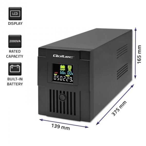 Qoltec Zasilacz awaryjny UPS | Monolith | 2000VA | 1200W | LCD | USB