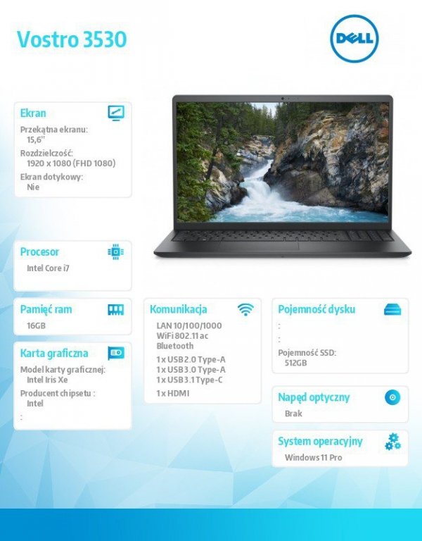 Dell Notebook Vostro 15 (3530) Win11Pro i7-1355U/16GB/512GB SSD/15.6 FHD/Intel Iris Xe/FgrPr/Cam & Mic/WLAN + BT/Backlit Kb/4 Ce
