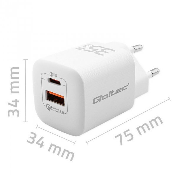 Qoltec Ładowarka sieciowa 35W GaN ULTRA | 5-20V | 2.25-3A | 1 x USB typ C PD | 1 x USB | Biała