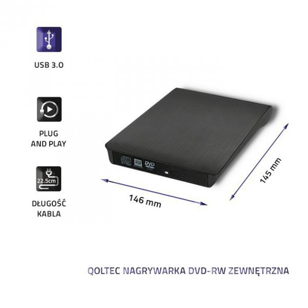 Qoltec Nagrywarka DVD-RW zewnętrzna | USB 3.0 | Czarna