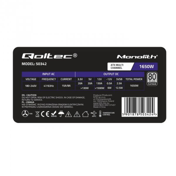 Qoltec Zasilacz ATX 1650W | 80 Plus Platinum