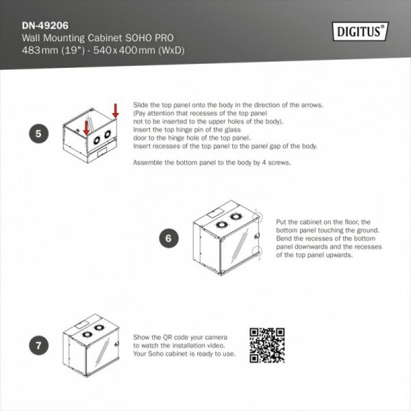 Digitus Szafa sieciowa wisząca 19&quot; 12U, SOHO PRO 595 x 540 x 400 mm, nośność 60kg, drzwi szyba, niezłożona, Szara