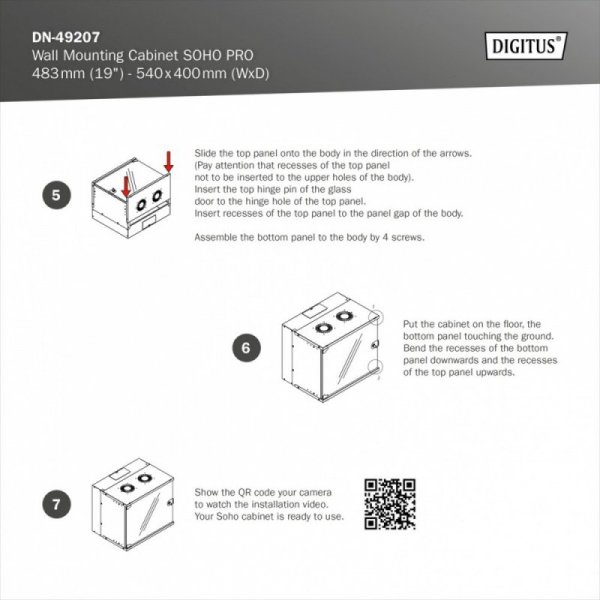 Digitus Szafa sieciowa wisząca 19&quot; 12U, SOHO PRO 595 x 540 x 400 mm, nośność 60kg, drzwi szyba, niezłożona, Czarna