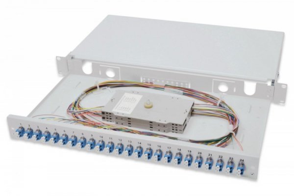 Digitus Przełącznica światłowodowa/panel krosowy z wyposażeniem 19 cali 1U, 24x LC duplex, OS2, zawiera pigtaile, adaptery, tack