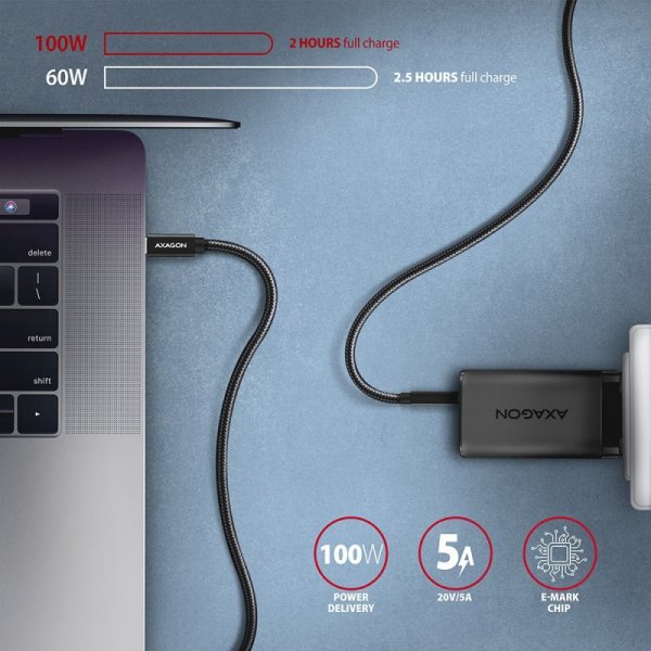 AXAGON BUCM32-CM05AB Kabel USB-C - USB-C 3.2 Gen 2 0.5m, PD 100W, 5A, 4K HD, ALU, oplot, czarny