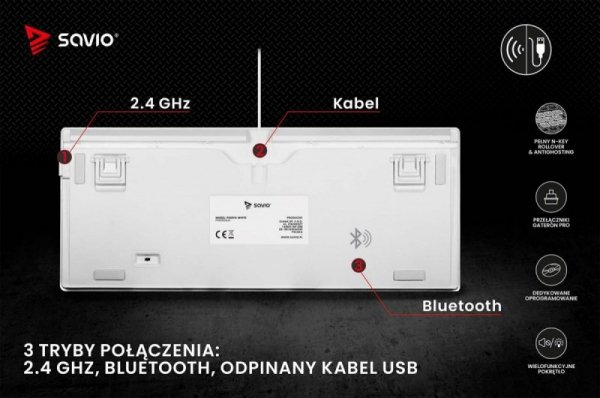 Savio Klawiatura mechaniczna bezprzewodowa PHENIX WHITE Gateron Red Pro, Pudding