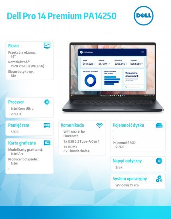 Dell Laptop Dell Pro 14 Premium PA14250 Win11Pro Ultra 7 268V/32GB/512GB SSD G4/14.0 FHD+/Arc/FgrPr/Cams&Mic/WLAN+BT/BcklKb/3C/v