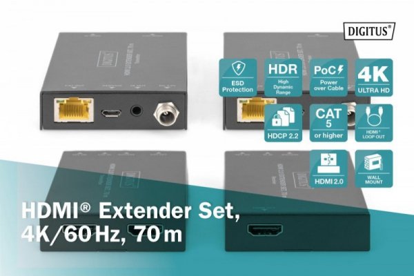Digitus Przedłużacz / Extender HDMI 70m po skrętce kat.5e/6/7 4K 60Hz PoC (Power over Cable) (zestaw)