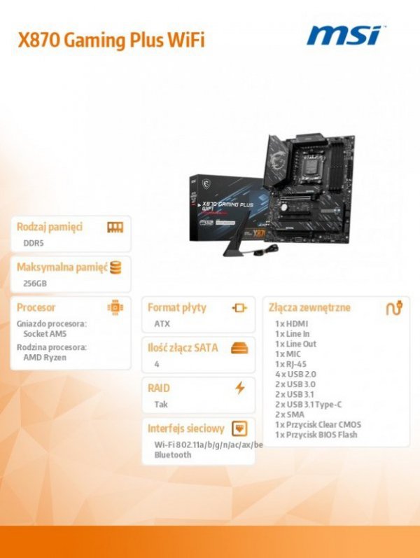MSI Płyta główna X870 GAMING PLUS WIFI A M5 4DDR5 ATX