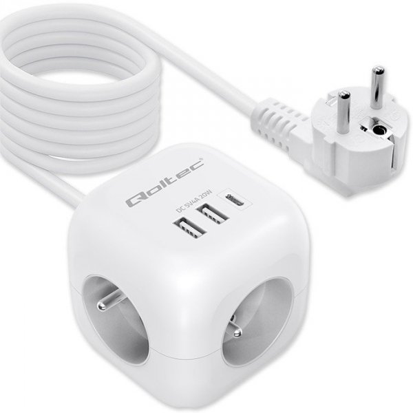 Qoltec Kostka zasilająca przedłużacz 6w1 z podświetlanym włącznikiem |  3x AC | 2x USB | 1x USB-C PD 20W | biała | kabel 2m