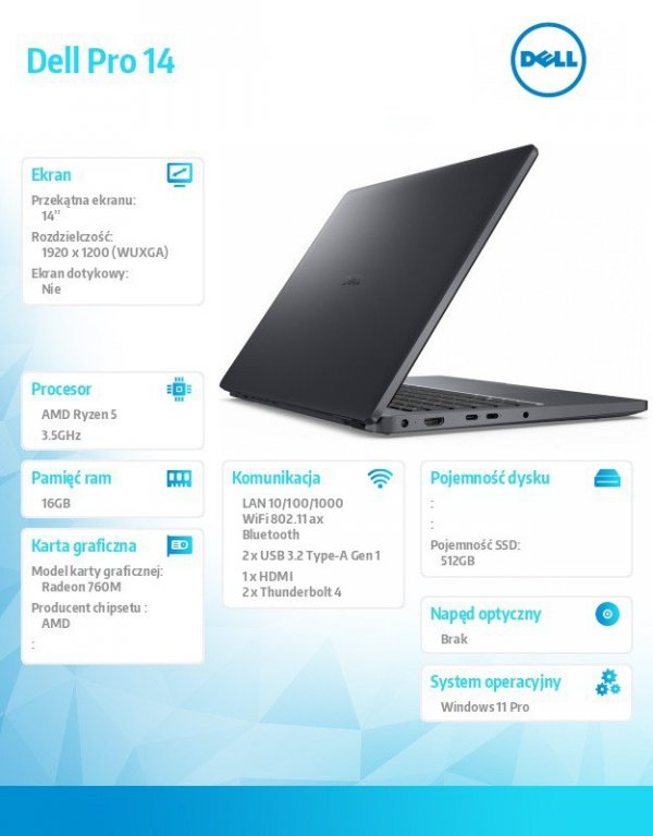 Dell Laptop Dell Pro 14 PC14255/AMD Ryzen 5 PRO 230/16GB/512GB SSD/14.0 FHD+/Radeon 760M/FgrPr/FHD/IR Cam/Mic/WLAN+BT/Backlit Kb
