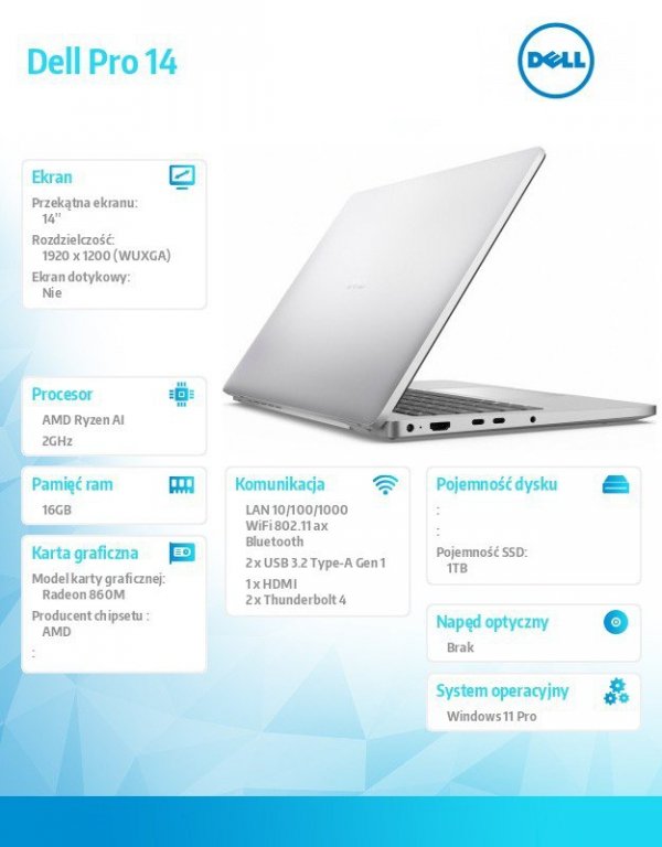 Dell Laptop Dell Pro 14 PC14255/AMD Ryzen AI 7 PRO 350/16GB/1TB/14.0 FHD+/Radeon 860M/FgrPr/FHD/IR Cam/Mic/WLAN+BT/Backlit Kb/3 