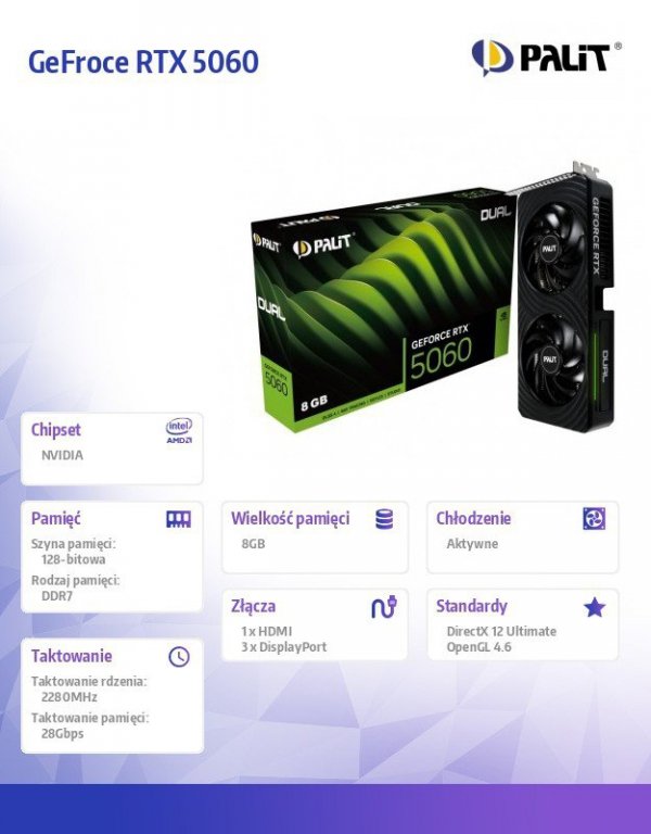 Palit Karta graficzna GeFroce RTX 5060 DUAL 8GB GDDR7 128bit 3DP/HDMI