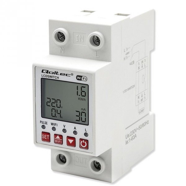 Qoltec Przekaźnik 63A na szynę DIN z licznikiem energii elektrycznej |  Timer | Tuya | Wi-Fi | LED                              