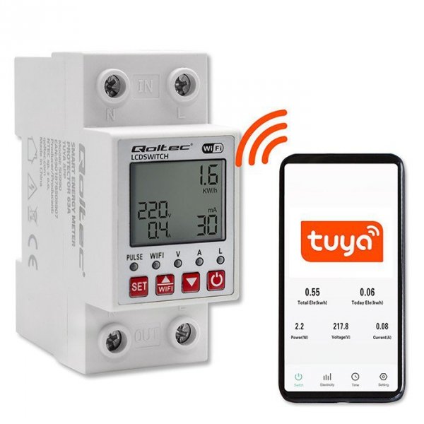 Qoltec Przekaźnik 63A na szynę DIN z licznikiem energii elektrycznej |  Timer | Tuya | Wi-Fi | LED                              
