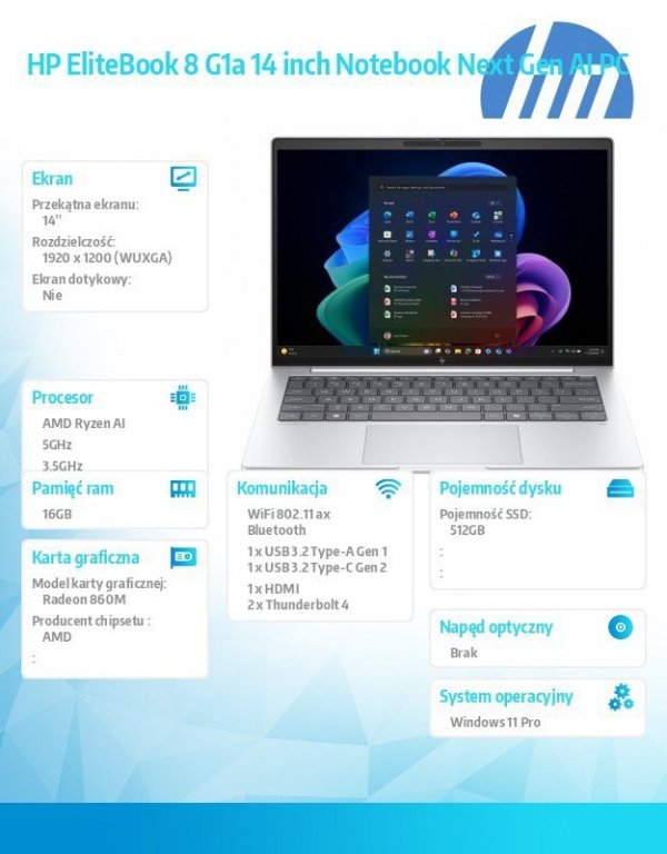 HP Inc. Notebook EliteBook 8 G1a Ryzen AI 7 PRO 350  512GB/16GB/W11P/14.0   C51FZET