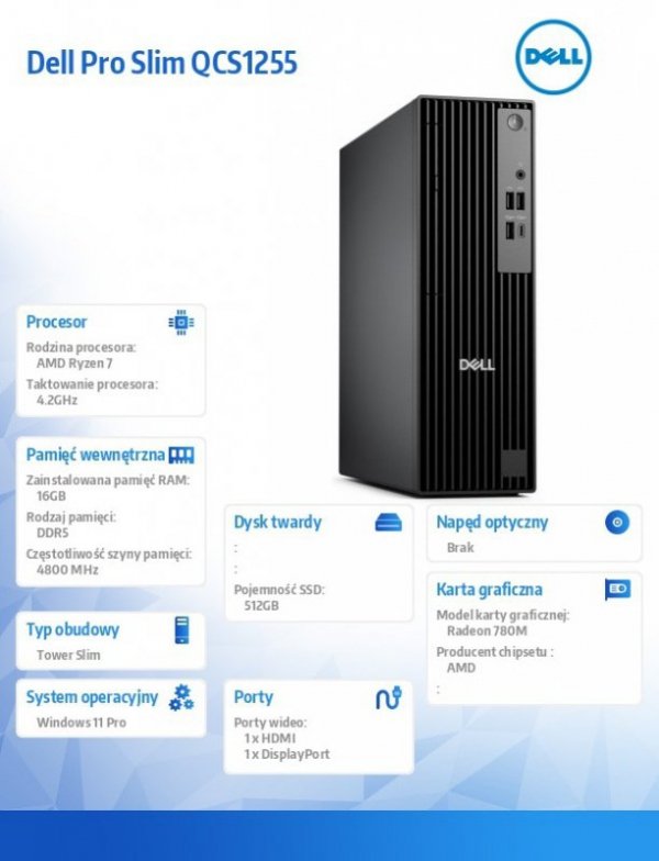Dell Komputer Dell Pro Slim QCS1255 W11Pro Ryzen 7 8700G/1x16GB/512GB CL25/Integrated/WLAN + BT/Kb/TPM/3YPS