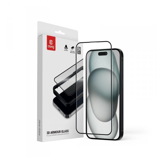 CRONG 3D Armour Glass - Szkło hartowane 9H Full Glue do iPhone 16 / iPhone 15 + ramka instalacyjna