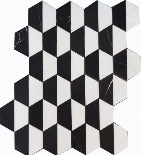 Mozaika HEXAGON z białego marmuru Bianco Neve i czarnego Black Silk