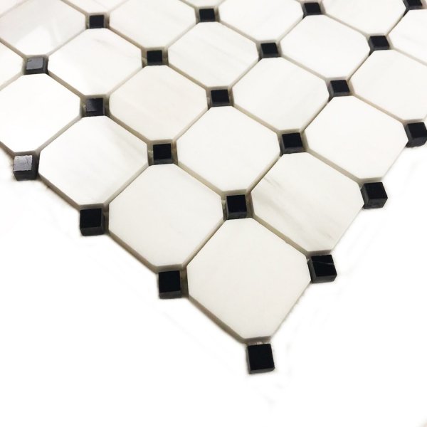 Marmur Glacier White &amp; Black Silk Mozaika Octagon